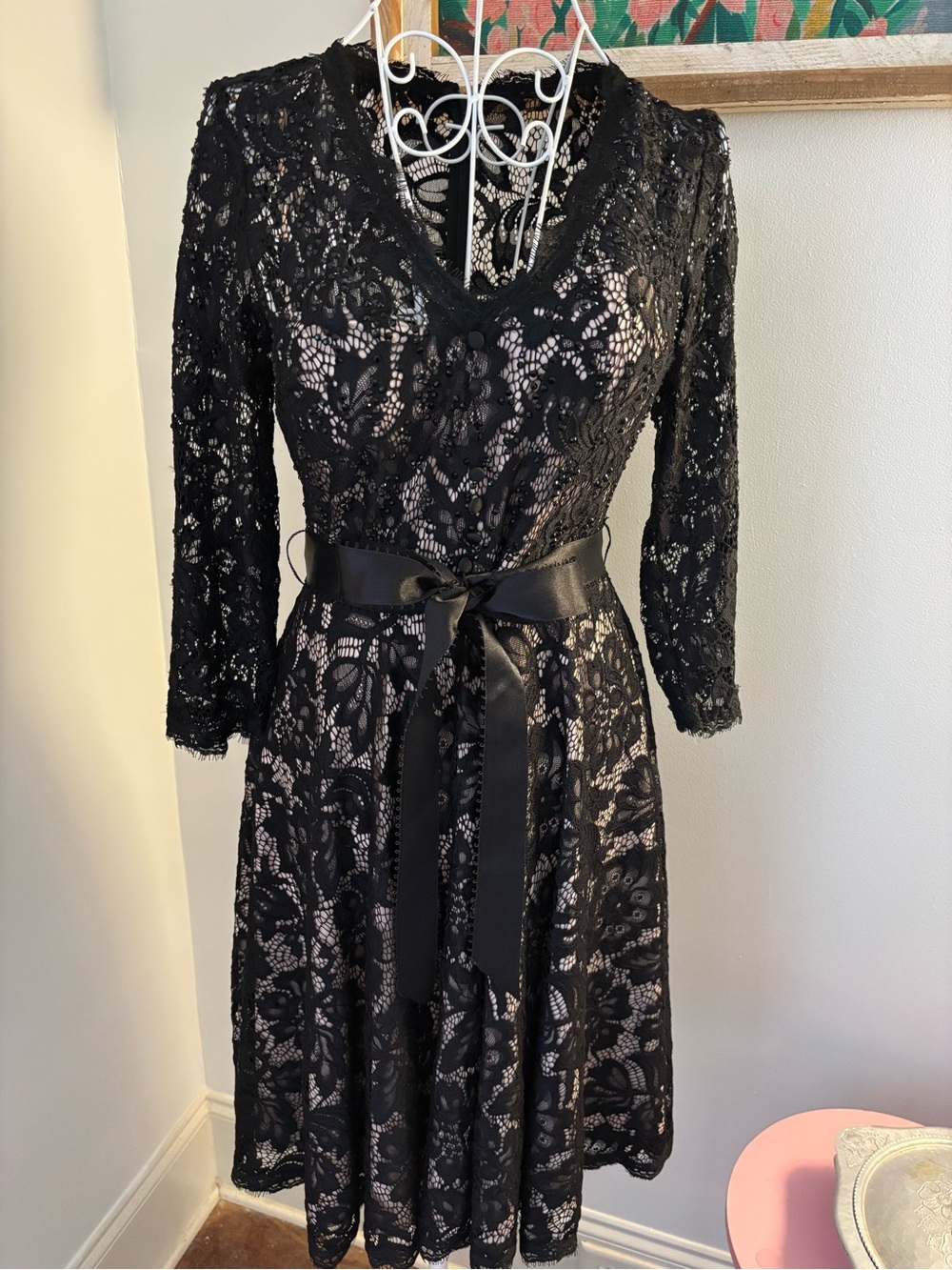 Black Lace V-Neck 3/4 Sleeve Dress with Satin Sash